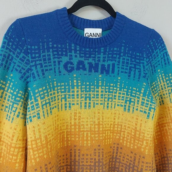 Ganni Multicolor Gradient Sweater Wool Blend Women Medium Graphic Logo Fall Knit - Picture 4 of 9